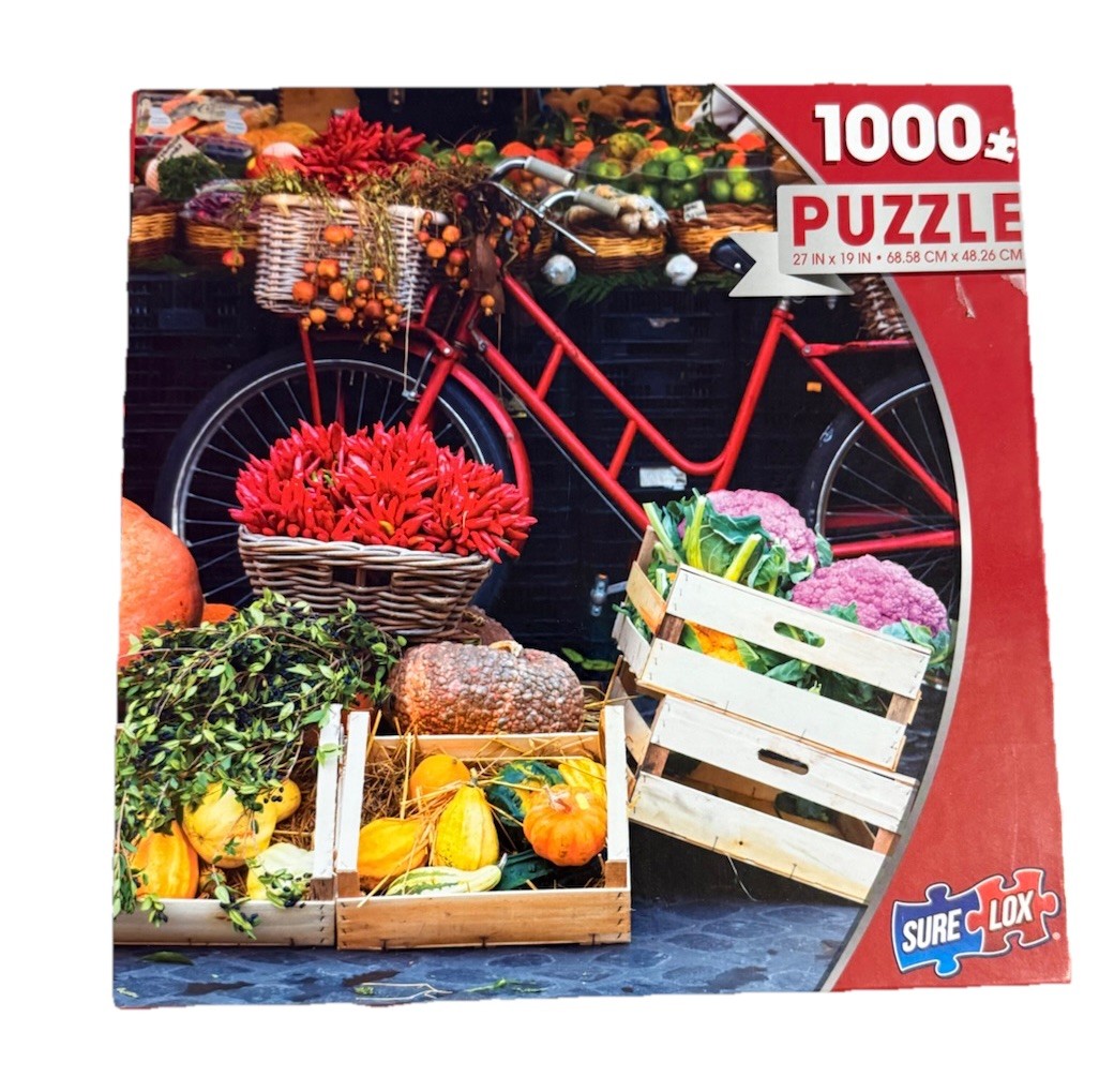 Farm Street Market 1000 Piece Puzzle Vintage Red Bike 2020 SURE-LOX 27&rdquo;x19&rdquo;