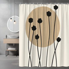 Boho Floral Shower Curtain with Black Flowers and Beige Circle