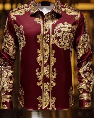 Baroque Men's Burgundy Gold Ornate Pattern Dress Shirt Long Sleeve  Button-Front | eBay