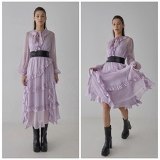Temperley London Penny Tie Dress Lavender Silk Ruffle Midi UK16 US 12 Boho NWT