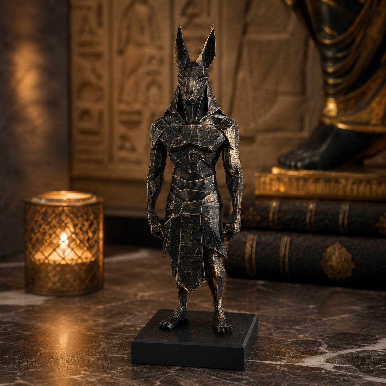 Statue Anubis noir or 22 cm : objet décoration égyptienne et figurine dieu chacal mythologique