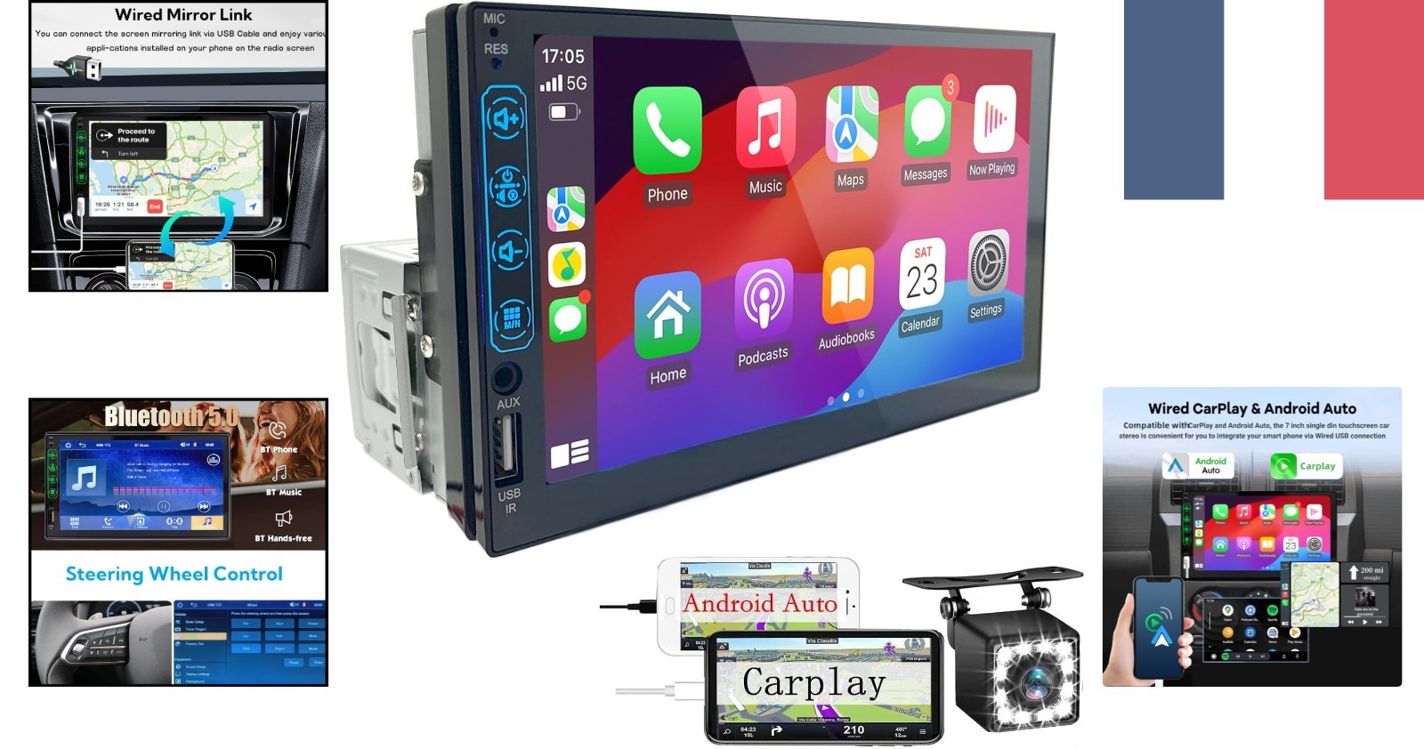 Autoradio Bluetooth CarPlay Android Auto 7 pouces avec caméra recul HD intégrée