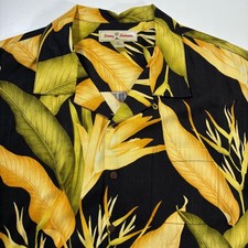 Tommy Bahama Button Down XL Black Yellow Silk Tropical Floral Camp Shirt AOP