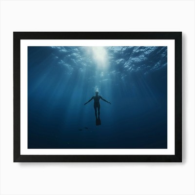 Silhouette Of A Scuba Diver Art Pri Framed Wall Art Poster Canvas Print Picture