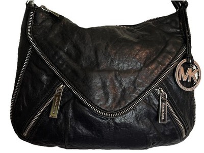 Michael Kors Black Moto Odette Shoulder Bag Purse Silver Zip