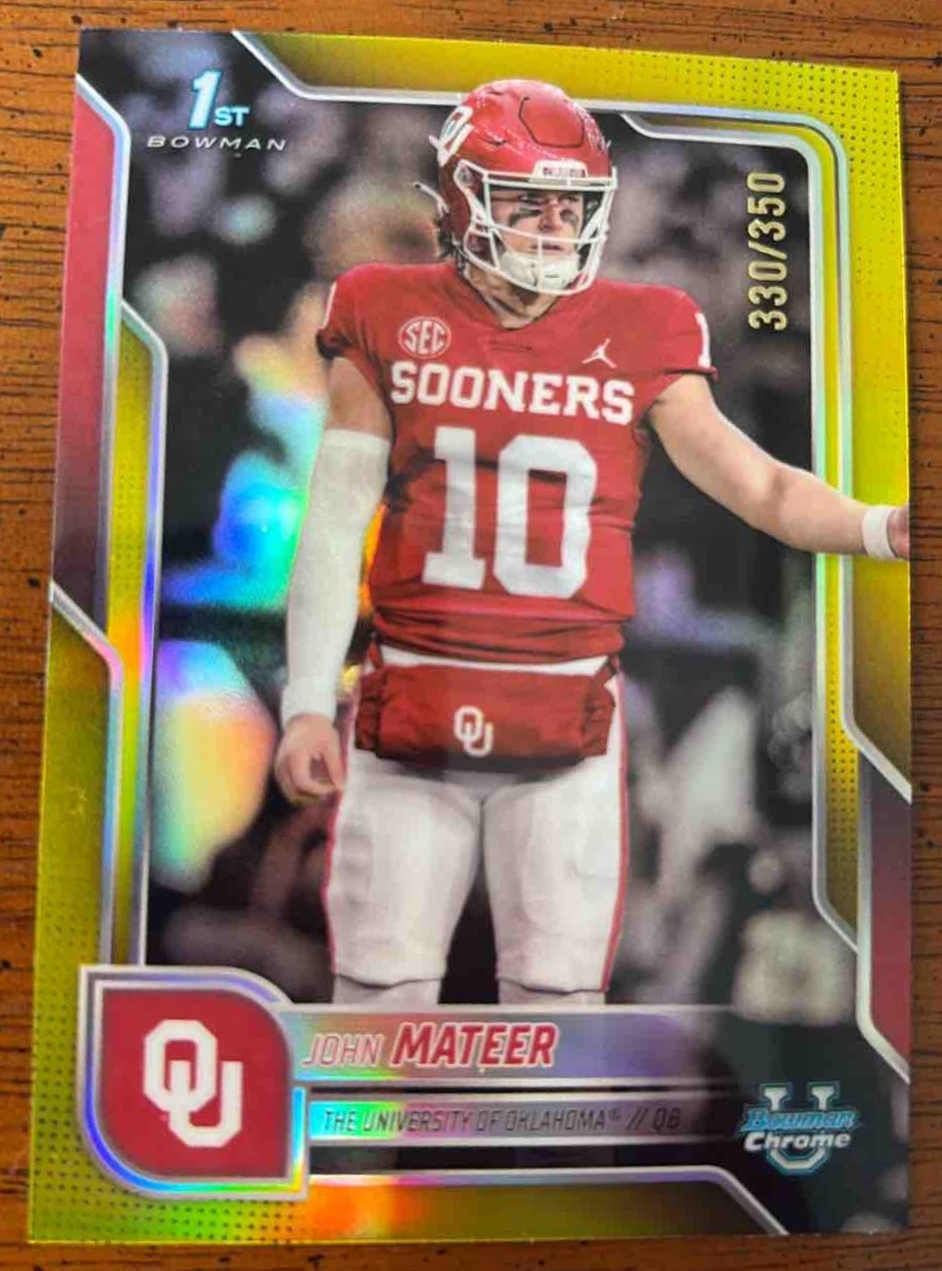 2025 Bowman Chrome University John Mateer #1 Yellow Refractor /350 1st Rookie