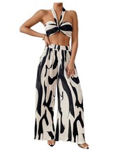 Women's 2 Piece Vacation Outfits Graphic Print Knitted Crop Halter Top and Wi...