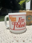 Vintage Glasbake Kiss Me I'm Polish Milk Glass 3.5" Coffee Tea Cup Mug