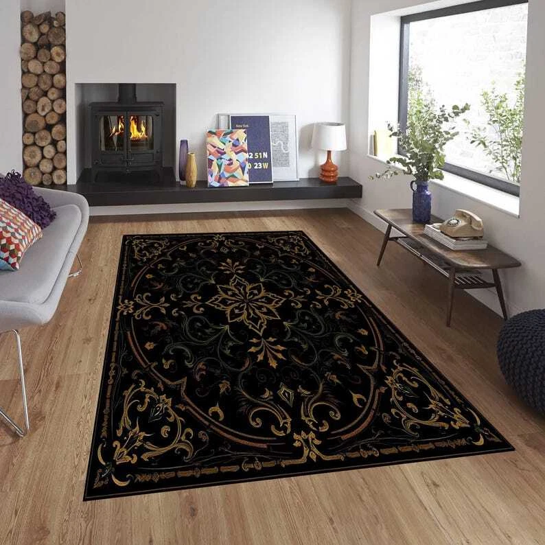 Alfombra con motivo gótico, alfombra negra, alfombra de diseño gótico, alfombra moderna, alfombra de salón, Fas Foto 3 de 4