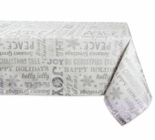 JOY PEACE Happy Holidays Silver Christmas Holiday Tablecloth 60" x 120"