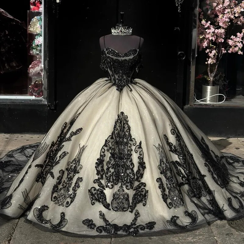 Black Lace Appliques Quinceanera Dresses Off The Shoulder A-line Beaded  Sequins | eBay