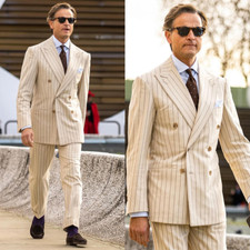 Men's Striped Business Suits Double Breasted Six Buttons Peak Lapel Wedding Suit