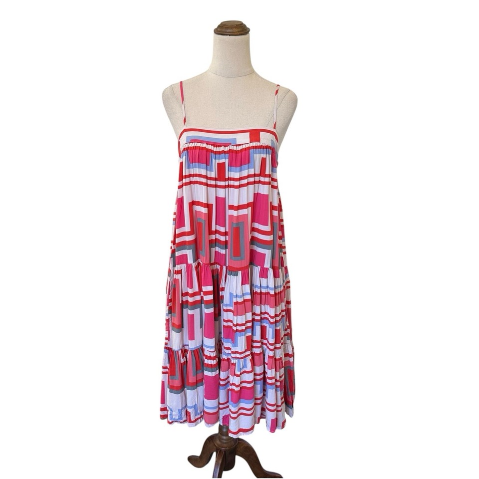 Mister Zimi Sz 8 Pink Geometric Print Tiered Midi Sundress Dress Boho Summer