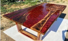 Unique Red Epoxy Resin Dining Table Artisan Handmade Wood Kitchen Slab Furniture