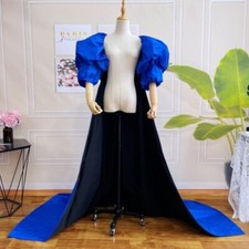 Royal Blue Long Wedding Cape Lining Short Sleeves Sweep Train Round Neck Party