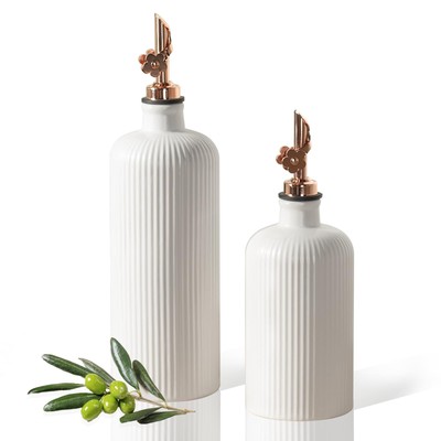 HOMCDALY 16oz Ceramic Olive Oil Dispenser Bottle - White Opaque Kitchen Oil Container With Stainless Steel Spout