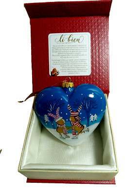 ORNAMENT Pier 1  Imports  *Li Bien*  Reverse Painted Heart 2018 Skating Rabbits