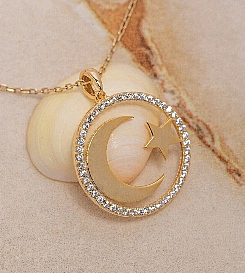 Collar Estrella Luna Oro Sólido 14K, Collar Oro Estrella Luna Dije Foto 3 de 4