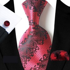 New Classic Paisley Red Jacquard Silk Men's Tie Necktie Hanky Cufflink Set