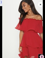 Pretty Little Thing Red Chiffon Bardot Ruffle Tiered Dress Size UK 4 Us 0 Red