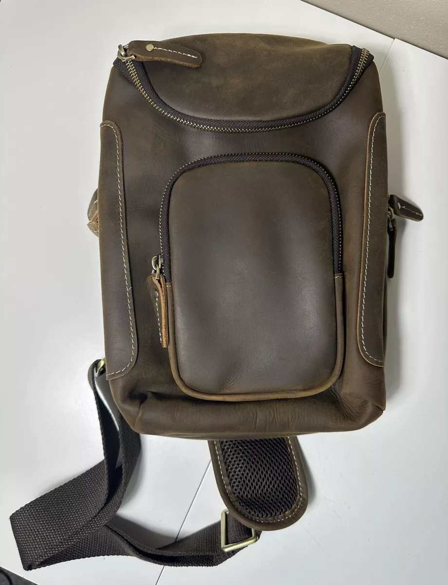 LANNSYNE Vintage Full Grain Leather Sling Bag Crossbody Chest Daypack