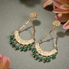 18k Gold Plated Chandelier Statement Drop Earrings With Green Beads. Brand New