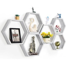 Set of 6 Wall Mounted Wood Hexagon Floating Shelves for Bedroom Living Room Gray