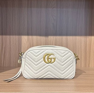 Authentic Gucci GG Marmont Small Camera Bag White Quilted Leather
