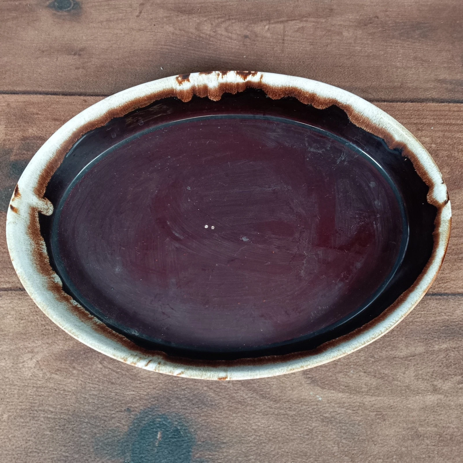 Vintage Oval Baking Dish Brown Drip Glaze Stoneware Roasting Pan Cookware