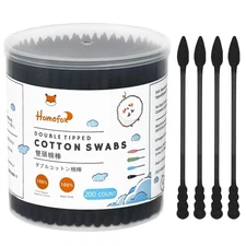 Black Cotton Swabs Spiral Pointed Tips 200 Count Organic Cotton Buds Double