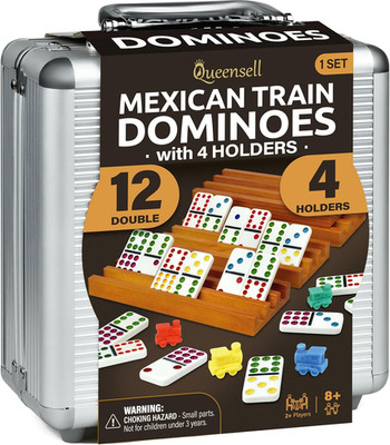 Mexican Train Dominoes Set with 4 Holders - Dominoes Double 12 with Wooden Hub a