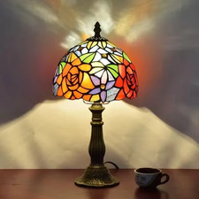 Rose Flower Style Tiffany Table Lamp Stained Glass Desk Light for Home Decor 18"