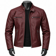 Men's Leather Jacket Genuine Casual Biker Motorcycle Slim Fit Zip Coat