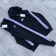Men  s Black Club Fleece Nike Tracksuit Set Hoodie  Joggers White Logo Tape
