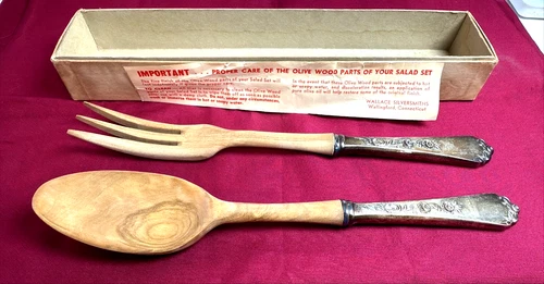 Wallace Silversmiths Olive Wood Salad Serving Set w/ Box & Insert – Vintage