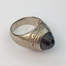 Vintage Sterling Silver Men's Ring Size 7 Domed Faceted Black Stone Retro Sculpt