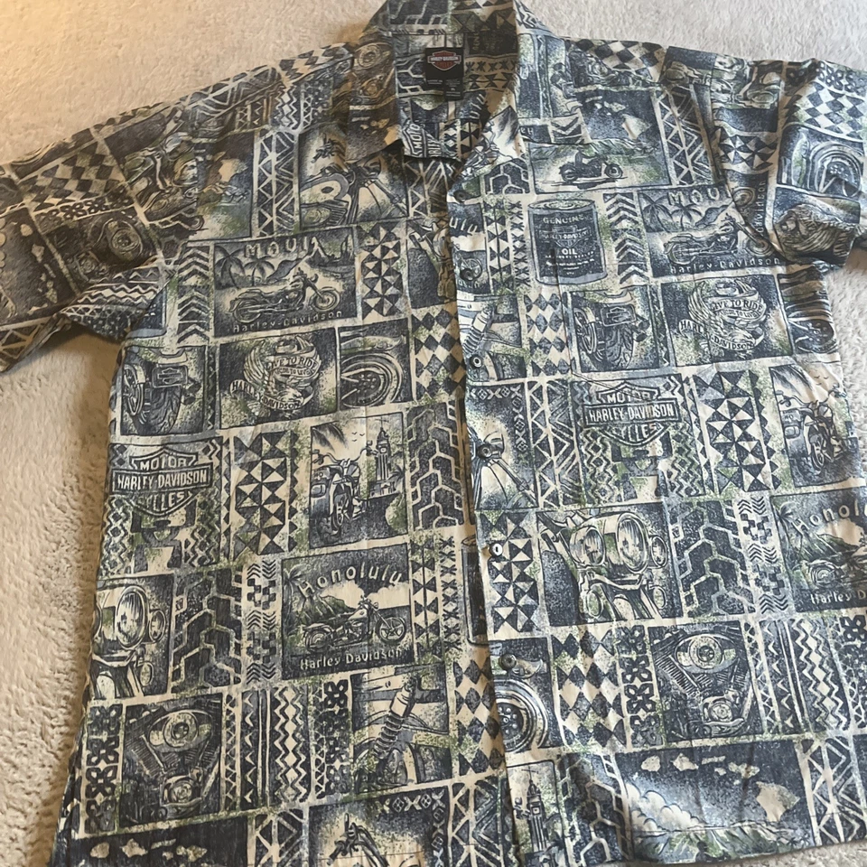 Camisa Harley Davidson Hawaiana Para Hombres XL Tiki Tribal Algodón Hecha Hawaii EE. UU. Azul Foto 2 de 4