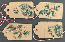Christmas Kraft Paper Gift Tags, Holly Pattern, Red/White Twine (4)