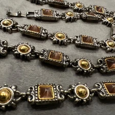 PD Premier Designs Gold & Silver Brown Pyramid Shaped Link Bracelet & Necklace