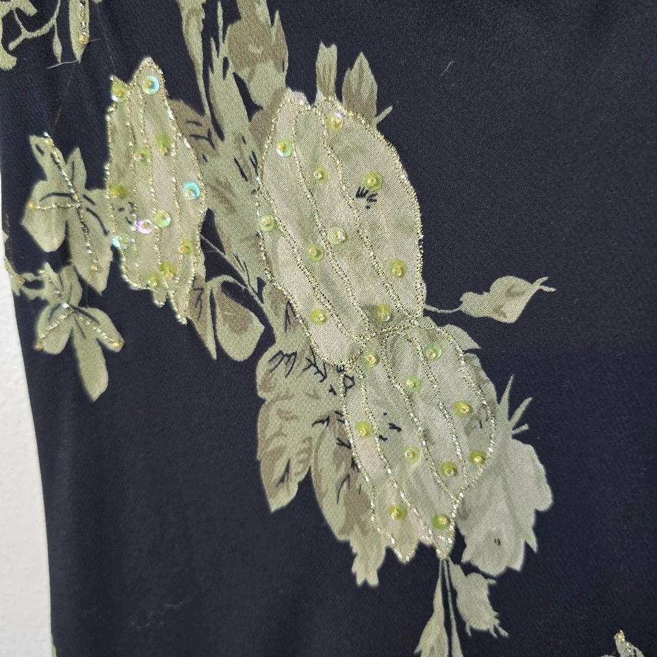 Vestido Y2K Dressbarn S Negro Verde Floral Lentejuelas Bosque Hada Cachicho LEER Foto 4 de 4