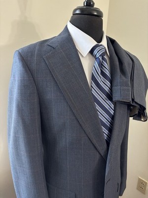 Suit Mens 40R 36x30 Blue Plaid Wool 2 Piece Jacket Pants Set USA Navy PalmBeach
