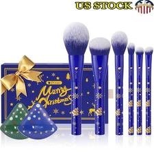 Festive Christmas Makeup Brush Set W/ Essential Brushes & Makeup Puffs New