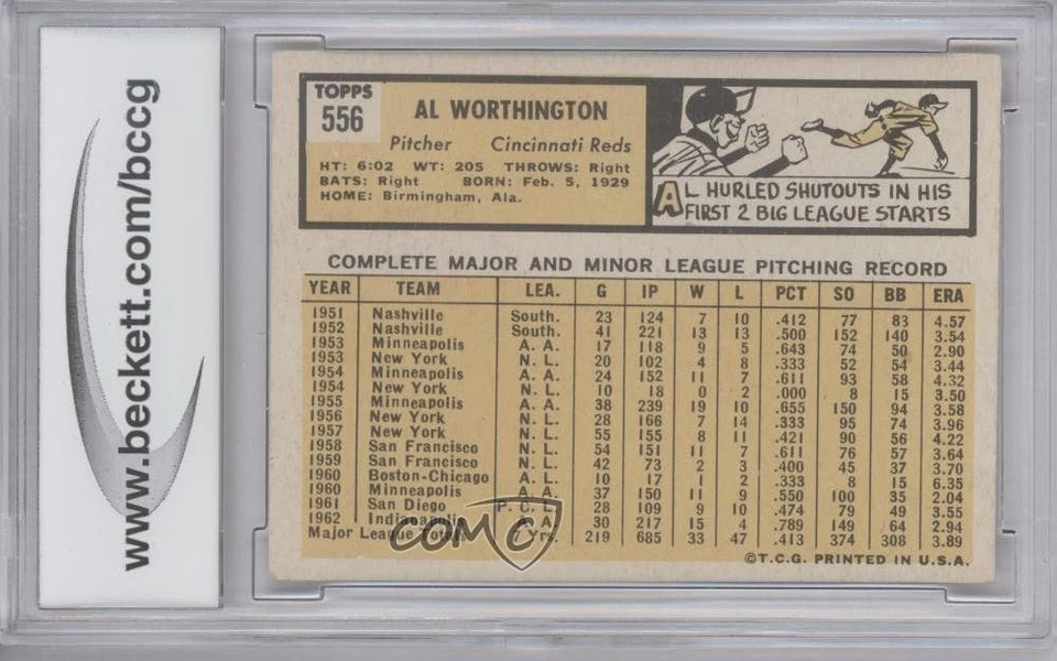 JSA Certified 1963 Topps High # Al Worthington #556 Encased by BCCG Auto - Image 2 of 2