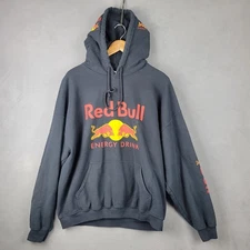 Gildan Hoodie Mens XL Black Cotton Ribbed Graphic Red Bull Racing Energy Drink