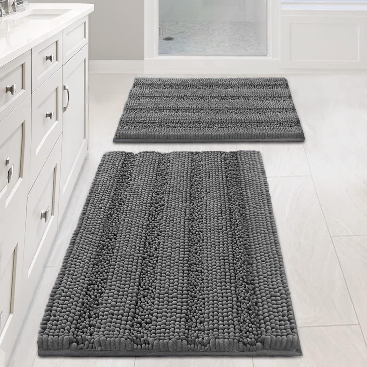Non Slip Thick Shaggy Chenille Bathroom Rug Set Super Soft Absorbent