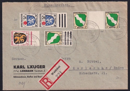 Französische Zone Allg. Ausgabe 1, 2, 9 Einschreiben Waldshut n Karlsruhe 1946