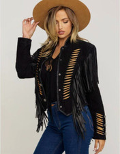 Women Native American Cowgirl Leather Jacket Fringe  Beads Western Suede Jacket