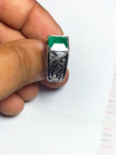 Emerald Ring Natural Emerald Stone Ring Engraved Ring Silver 925 Ring Gift Ring - Picture 4 of 10