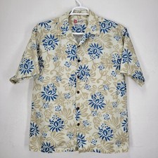 VTG Hilo Hattie Hawaiian Mens Large Blue Tan Floral Button Up Shirt Casual