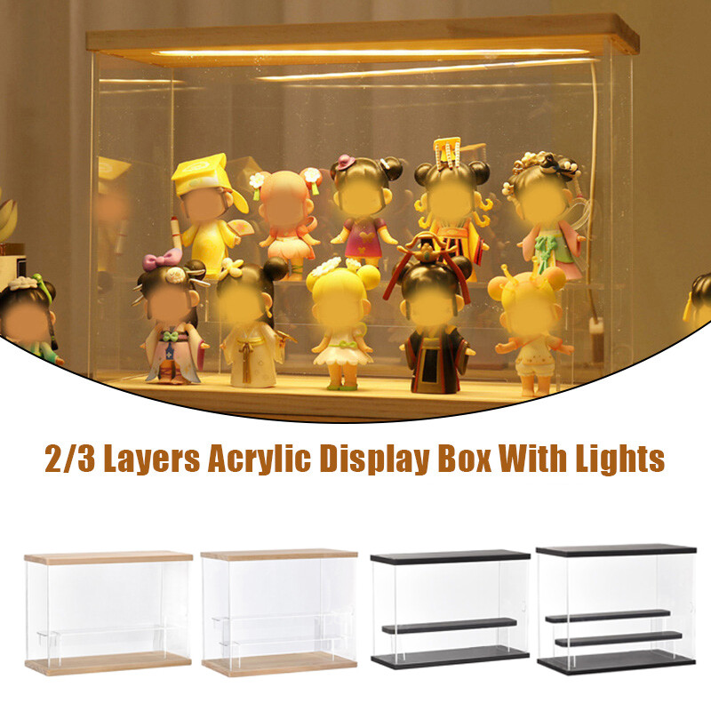 Acrylic Display Case With LED Light 2/3 Tier Transparent Showcase Box Dustproof